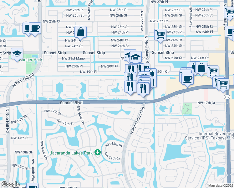 map of restaurants, bars, coffee shops, grocery stores, and more near 9353 West Sunrise Boulevard in Plantation
