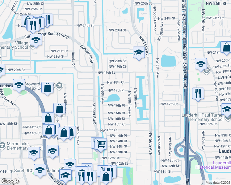 map of restaurants, bars, coffee shops, grocery stores, and more near 5829-5831 Northwest 17th Court in Sunrise