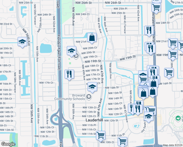 map of restaurants, bars, coffee shops, grocery stores, and more near 4800 Northwest 18th Street in Lauderhill