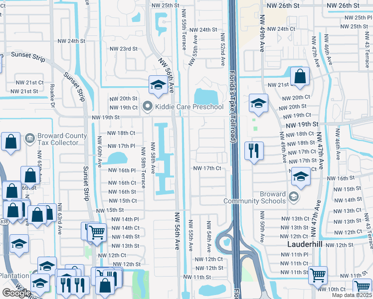 map of restaurants, bars, coffee shops, grocery stores, and more near 1800 Northwest 55th Avenue in Lauderhill