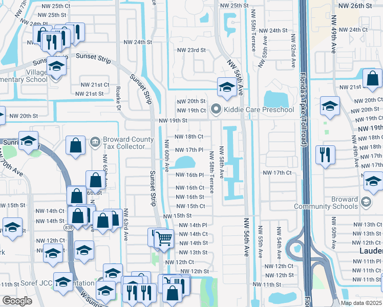 map of restaurants, bars, coffee shops, grocery stores, and more near 5829-5831 Northwest 17th Court in Sunrise