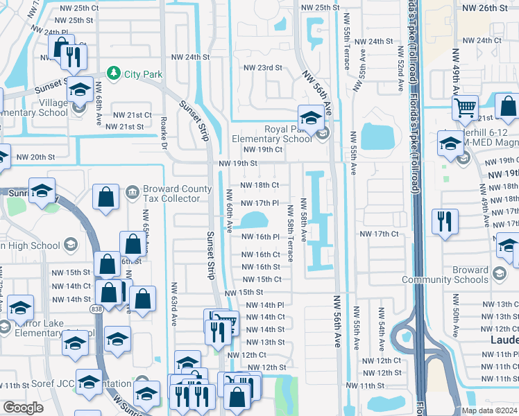 map of restaurants, bars, coffee shops, grocery stores, and more near 5829-5831 Northwest 17th Court in Sunrise