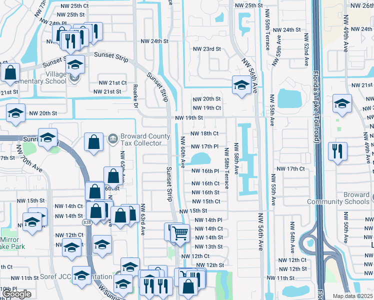map of restaurants, bars, coffee shops, grocery stores, and more near 5971 Northwest 17th Place in Sunrise