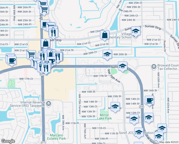 map of restaurants, bars, coffee shops, grocery stores, and more near 1736 Northwest 74th Avenue in Plantation