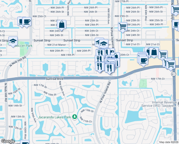 map of restaurants, bars, coffee shops, grocery stores, and more near 9353 West Sunrise Boulevard in Plantation