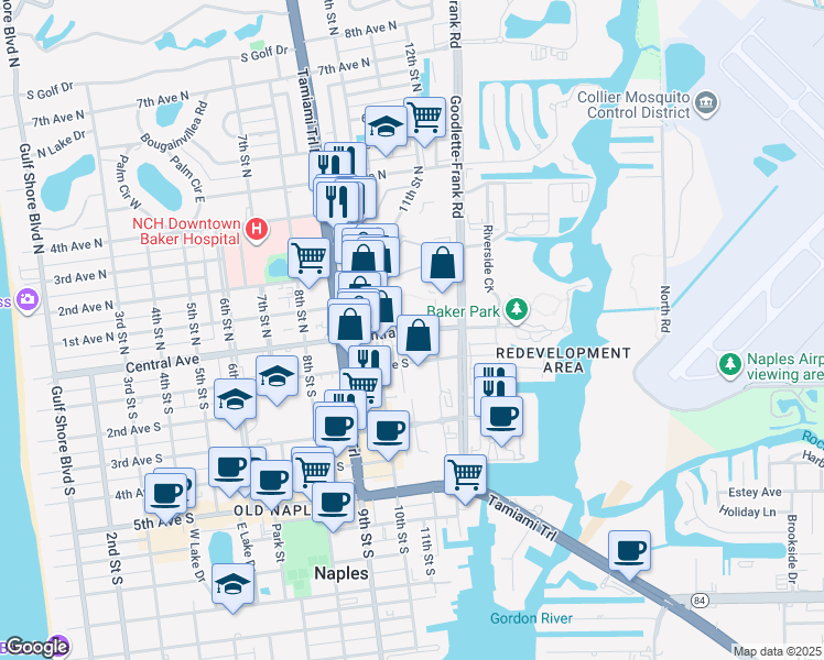 map of restaurants, bars, coffee shops, grocery stores, and more near 1101 Central Avenue in Naples