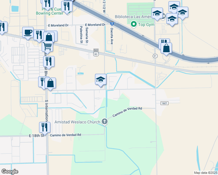 map of restaurants, bars, coffee shops, grocery stores, and more near 47 Ebony Lane in Mercedes