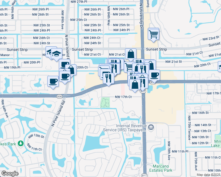 map of restaurants, bars, coffee shops, grocery stores, and more near 8320 West Sunrise Boulevard in Plantation