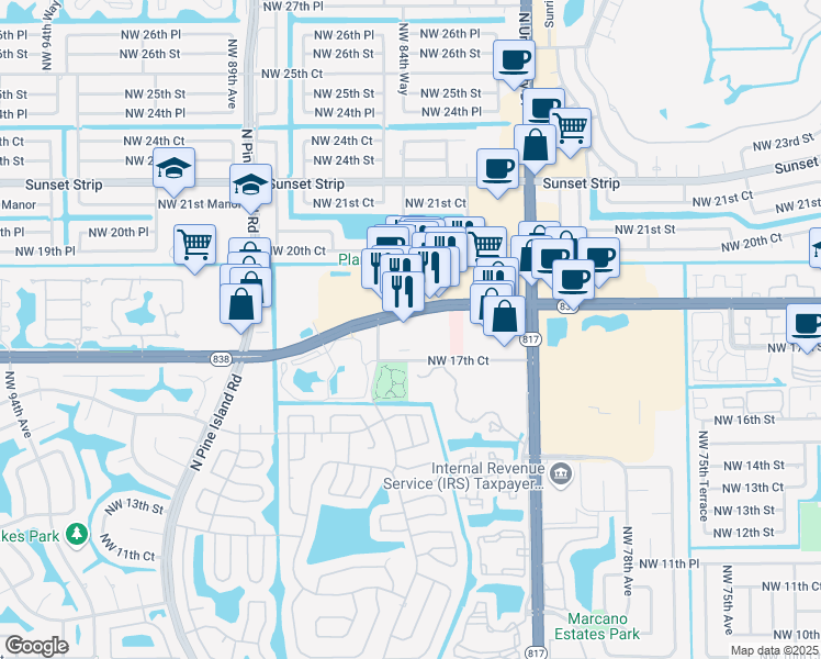 map of restaurants, bars, coffee shops, grocery stores, and more near 8320 West Sunrise Boulevard in Plantation