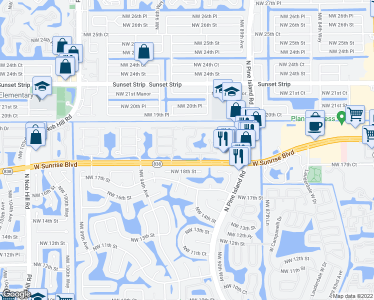 map of restaurants, bars, coffee shops, grocery stores, and more near 9295 West Sunrise Boulevard in Plantation