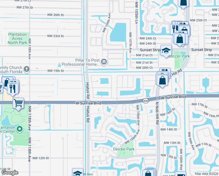 map of restaurants, bars, coffee shops, grocery stores, and more near 1855 Northwest 108th Avenue in Plantation