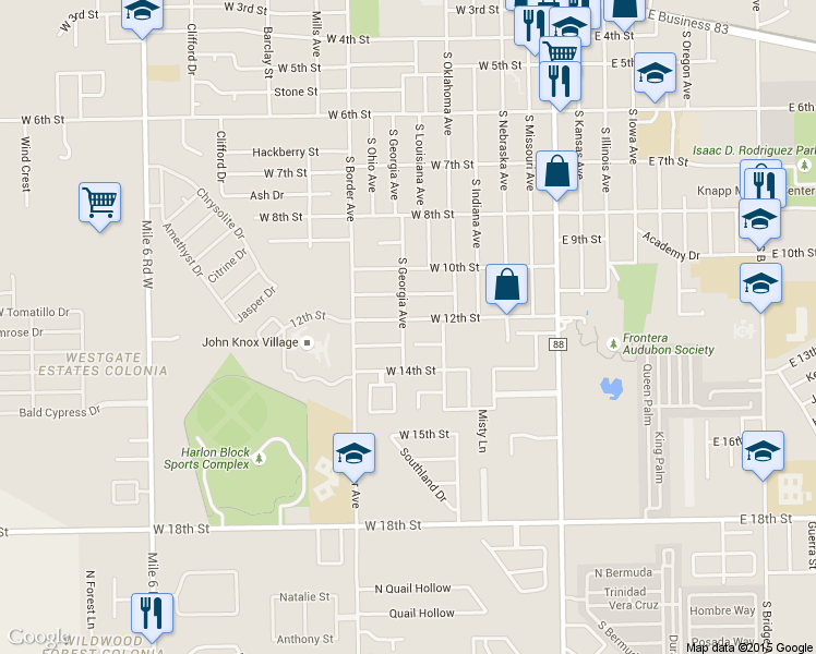 map of restaurants, bars, coffee shops, grocery stores, and more near 511 West 12th Street in Weslaco