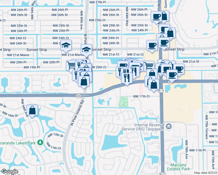 map of restaurants, bars, coffee shops, grocery stores, and more near 8531 West Sunrise Boulevard in Plantation