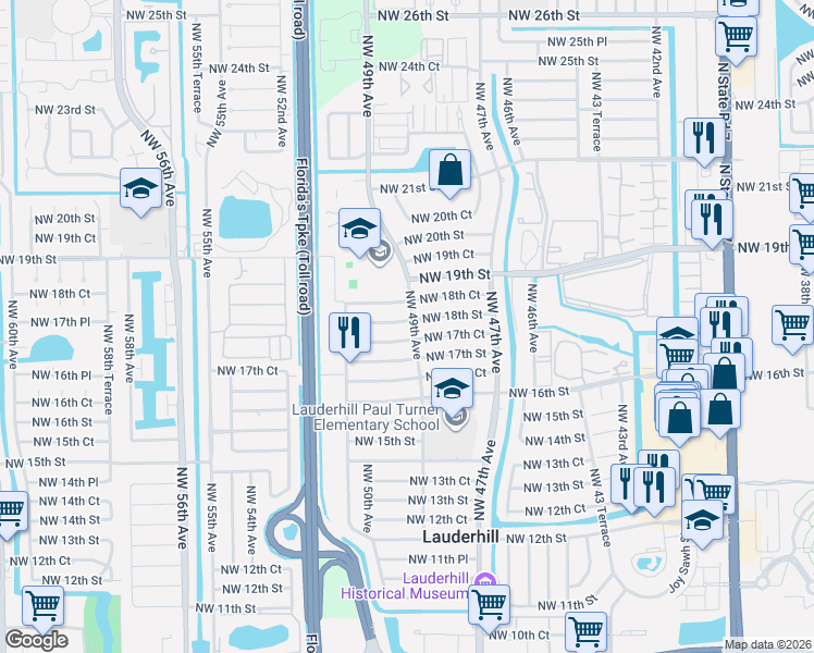 map of restaurants, bars, coffee shops, grocery stores, and more near 4900 Northwest 18th Street in Lauderhill