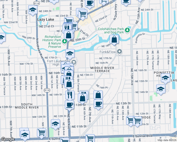 map of restaurants, bars, coffee shops, grocery stores, and more near 1617 Northeast 7th Avenue in Fort Lauderdale