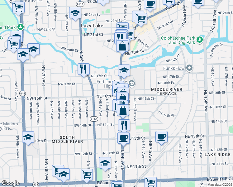 map of restaurants, bars, coffee shops, grocery stores, and more near 6 Northeast 3rd Avenue in Fort Lauderdale