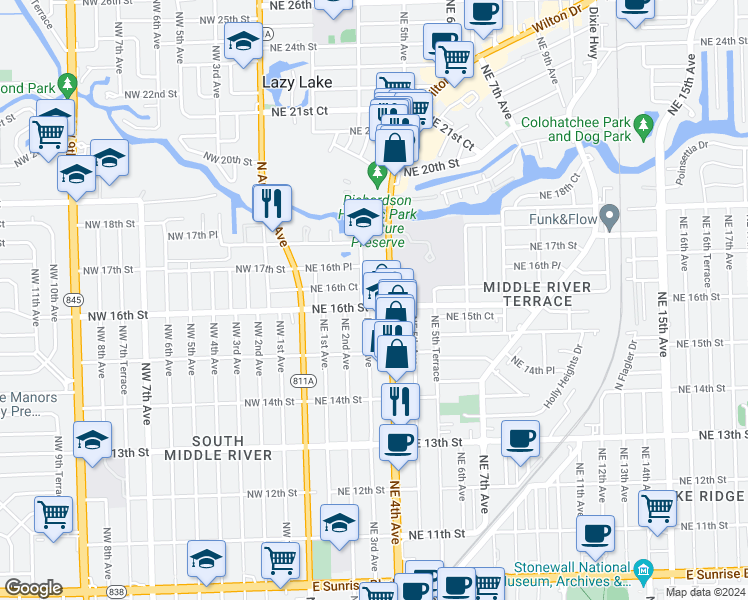 map of restaurants, bars, coffee shops, grocery stores, and more near 6 Northeast 3rd Avenue in Fort Lauderdale