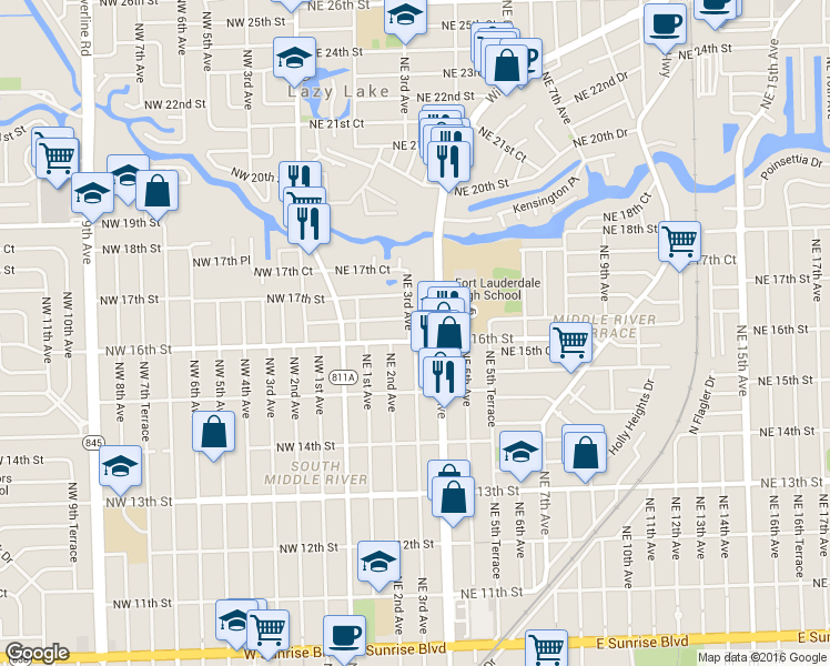 map of restaurants, bars, coffee shops, grocery stores, and more near 6 Northeast 3rd Avenue in Fort Lauderdale