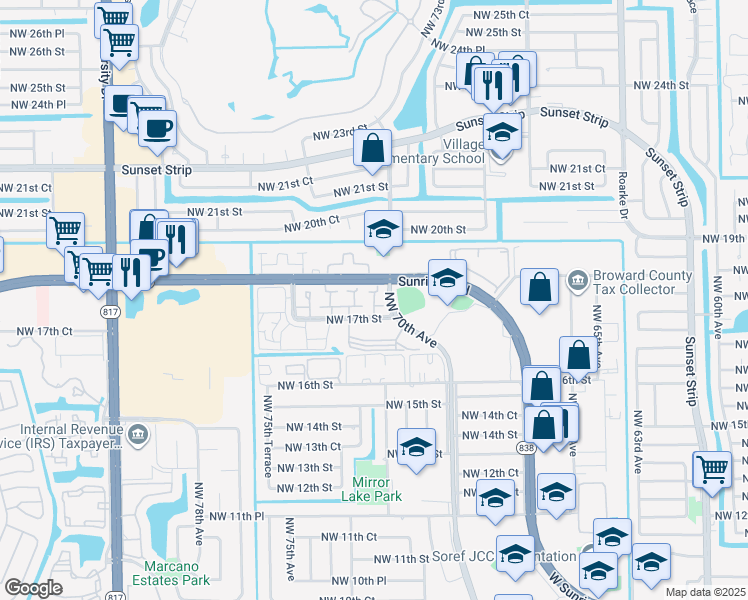 map of restaurants, bars, coffee shops, grocery stores, and more near 1748 Northwest 71st Avenue in Plantation