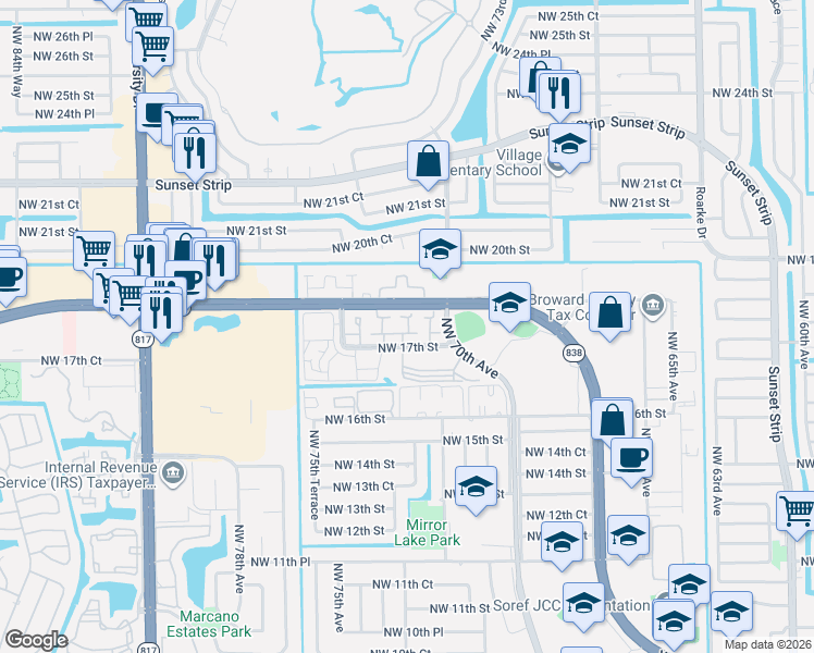 map of restaurants, bars, coffee shops, grocery stores, and more near 1713 Northwest 72nd Avenue in Plantation