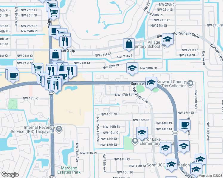 map of restaurants, bars, coffee shops, grocery stores, and more near 1736 Northwest 74th Avenue in Plantation