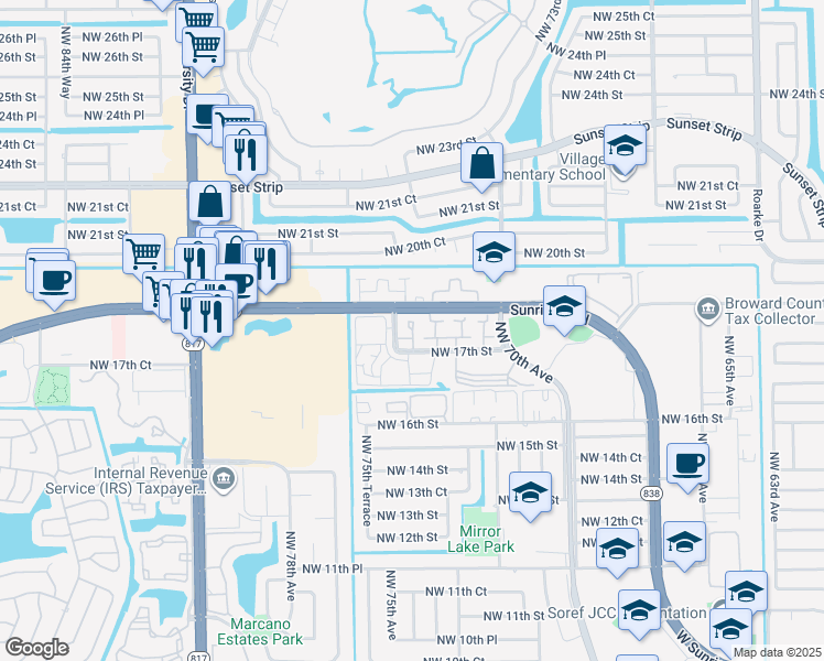 map of restaurants, bars, coffee shops, grocery stores, and more near 1736 Northwest 74th Avenue in Plantation