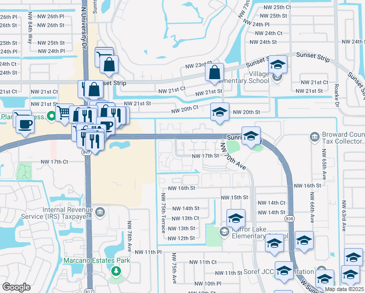 map of restaurants, bars, coffee shops, grocery stores, and more near 1736 Northwest 74th Avenue in Plantation
