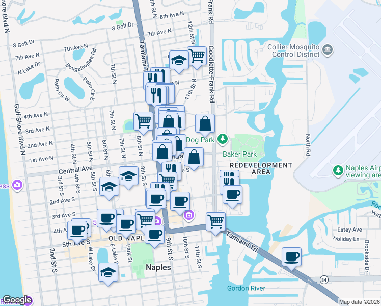 map of restaurants, bars, coffee shops, grocery stores, and more near 1101 Central Avenue in Naples