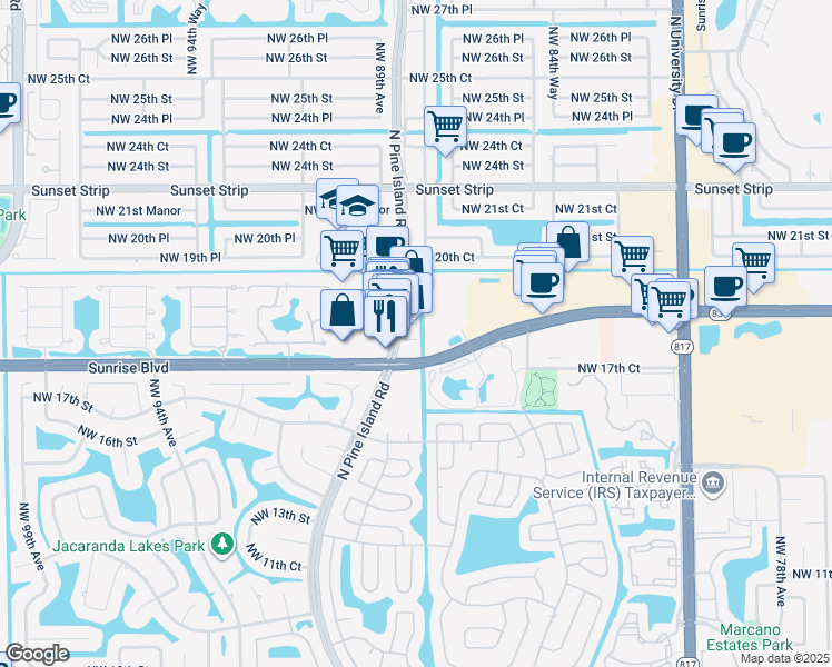 map of restaurants, bars, coffee shops, grocery stores, and more near 1818 North Pine Island Road in Plantation