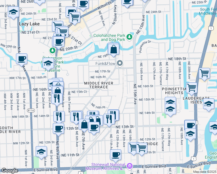 map of restaurants, bars, coffee shops, grocery stores, and more near 1610 Northeast 11th Avenue in Fort Lauderdale