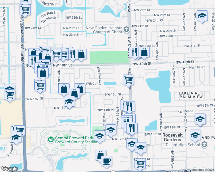 map of restaurants, bars, coffee shops, grocery stores, and more near 3251 Northwest 17th Street in Fort Lauderdale