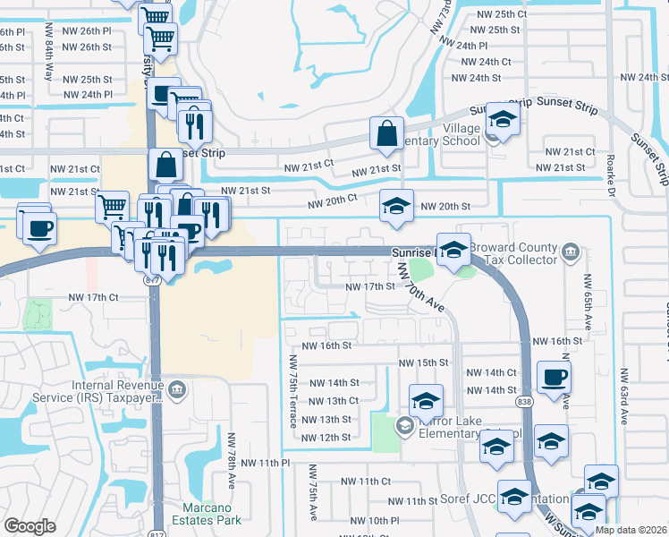 map of restaurants, bars, coffee shops, grocery stores, and more near 1736 Northwest 74th Avenue in Plantation