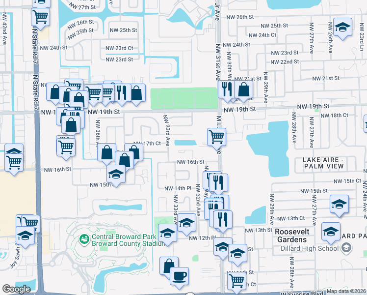 map of restaurants, bars, coffee shops, grocery stores, and more near 3251 Northwest 17th Street in Fort Lauderdale