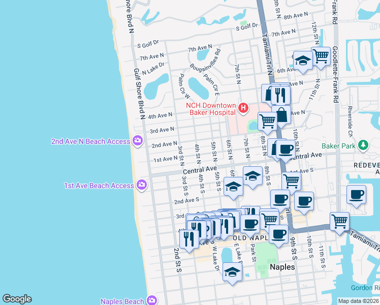 map of restaurants, bars, coffee shops, grocery stores, and more near 136 3rd Street North in Naples