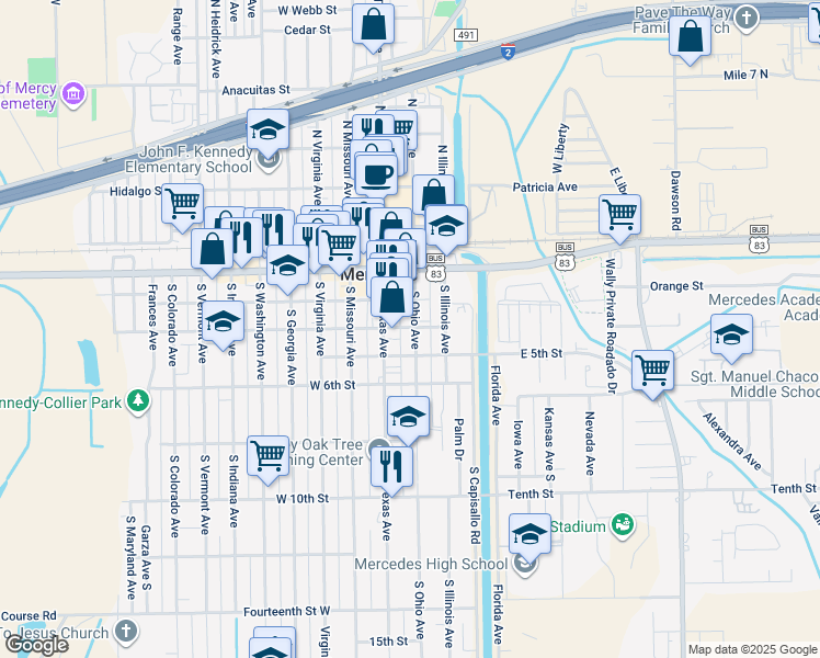 map of restaurants, bars, coffee shops, grocery stores, and more near 342 West 4th Street in Mercedes