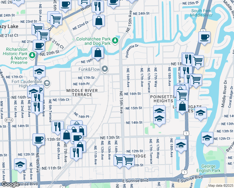 map of restaurants, bars, coffee shops, grocery stores, and more near 1532 Northeast 14th Terrace in Fort Lauderdale
