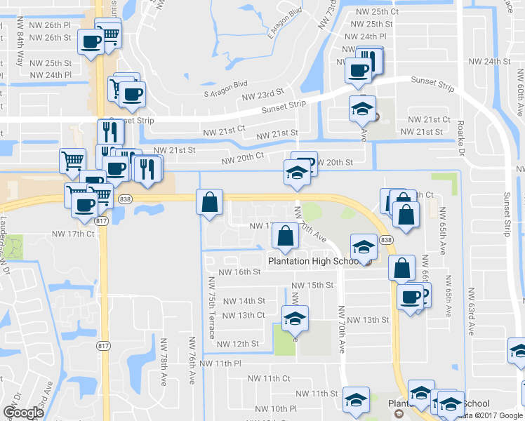 map of restaurants, bars, coffee shops, grocery stores, and more near 1713 Northwest 72nd Avenue in Plantation