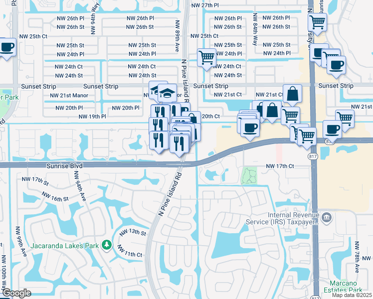 map of restaurants, bars, coffee shops, grocery stores, and more near 1818 North Pine Island Road in Plantation