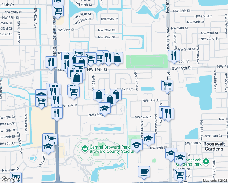 map of restaurants, bars, coffee shops, grocery stores, and more near 1711 Northwest 34th Terrace in Fort Lauderdale