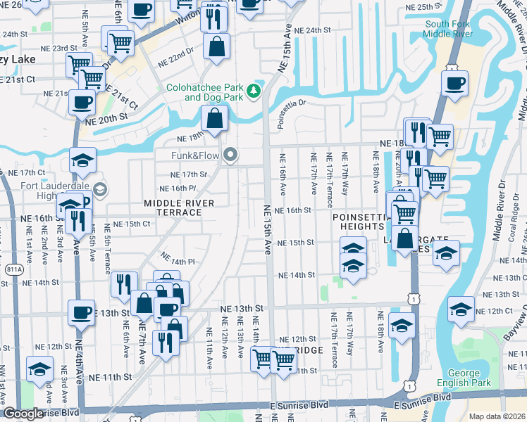 map of restaurants, bars, coffee shops, grocery stores, and more near 1532 Northeast 14th Terrace in Fort Lauderdale