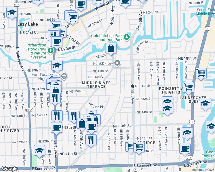 map of restaurants, bars, coffee shops, grocery stores, and more near 1610 Northeast 11th Avenue in Fort Lauderdale