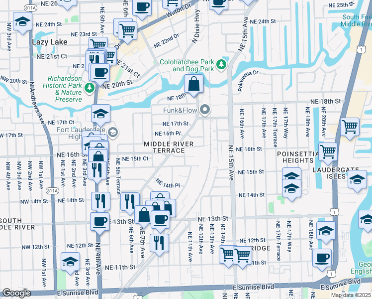 map of restaurants, bars, coffee shops, grocery stores, and more near 1610 Northeast 11th Avenue in Fort Lauderdale