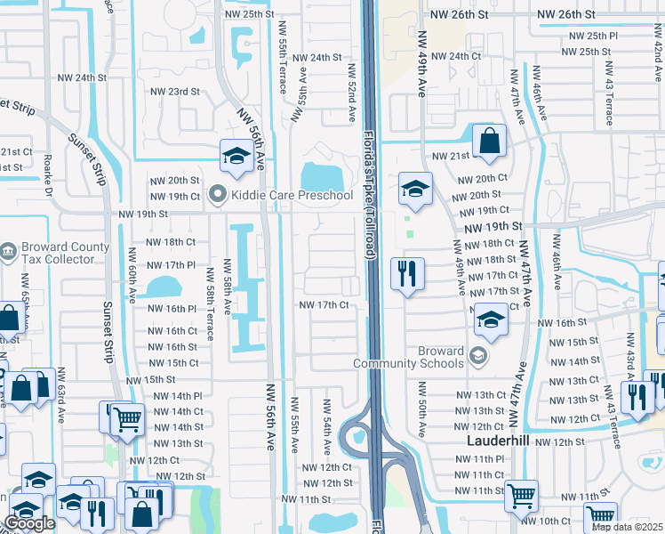 map of restaurants, bars, coffee shops, grocery stores, and more near 5317 Northwest 18th Street in Lauderhill