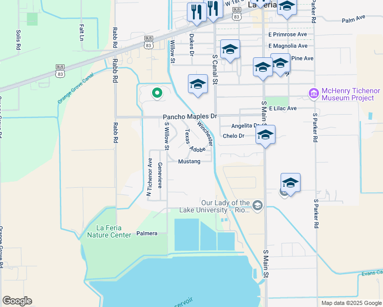 map of restaurants, bars, coffee shops, grocery stores, and more near 619 Adobe in La Feria