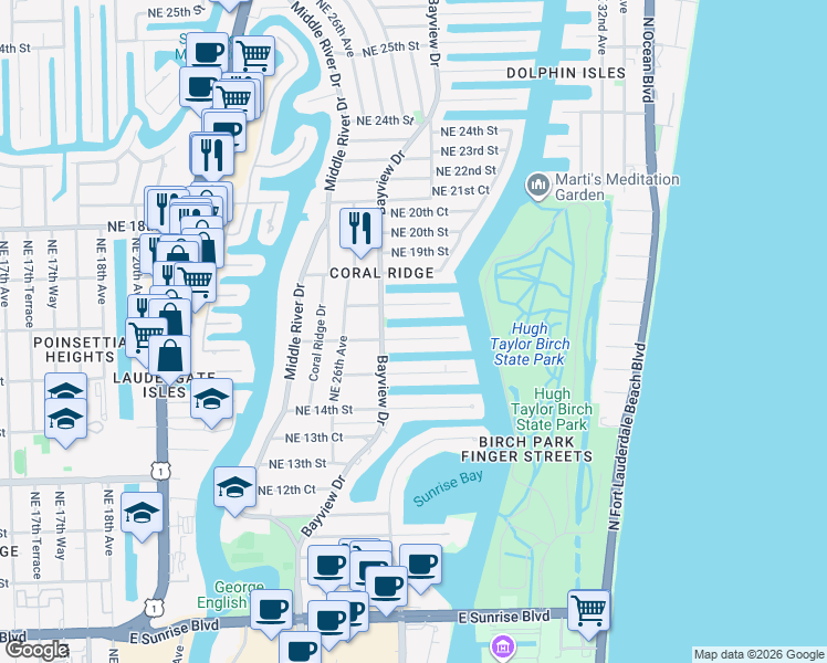map of restaurants, bars, coffee shops, grocery stores, and more near 2725 Northeast 16th Street in Fort Lauderdale