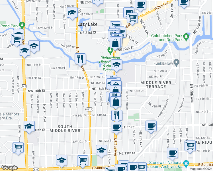 map of restaurants, bars, coffee shops, grocery stores, and more near 6 Northeast 3rd Avenue in Fort Lauderdale