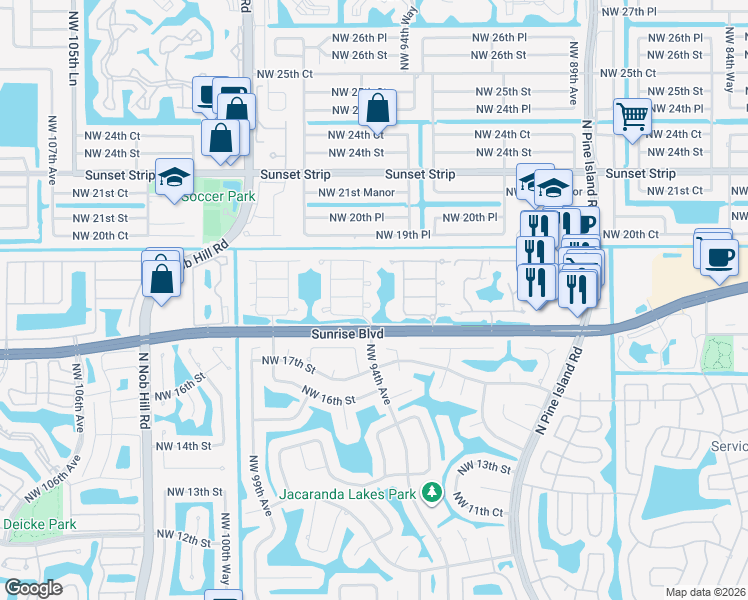 map of restaurants, bars, coffee shops, grocery stores, and more near 1840 Northwest 94th Avenue in Plantation