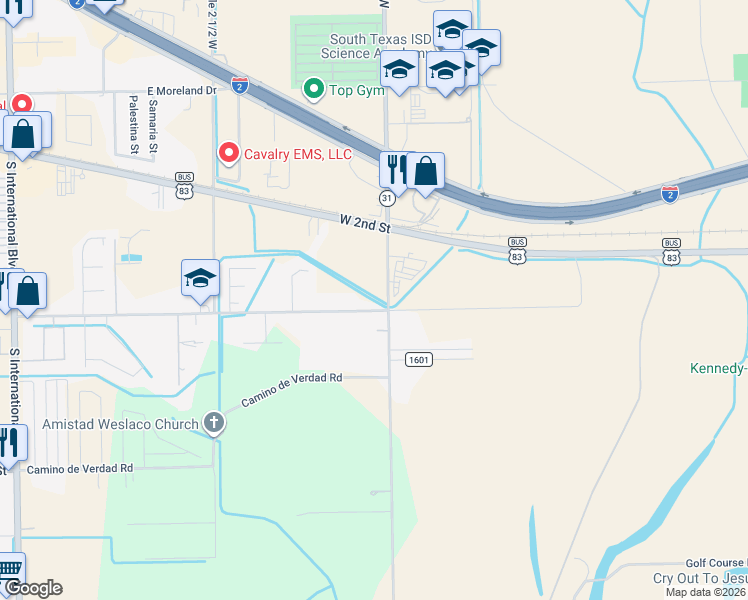 map of restaurants, bars, coffee shops, grocery stores, and more near 354 S Mile 2 W in Mercedes