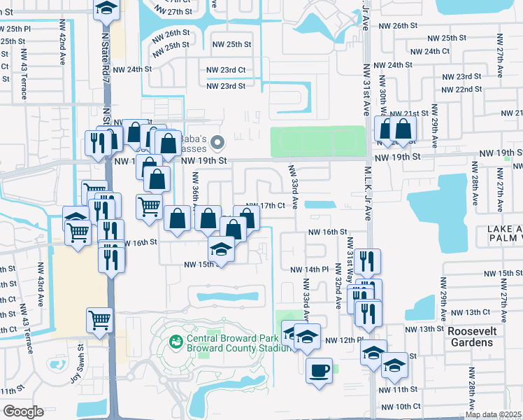 map of restaurants, bars, coffee shops, grocery stores, and more near 3366 Northwest 17th Court in Fort Lauderdale