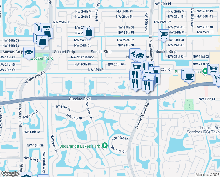 map of restaurants, bars, coffee shops, grocery stores, and more near 1838 Northwest 93rd Terrace in Plantation